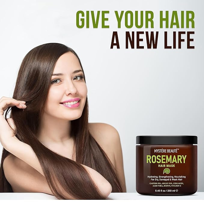 MYSTÉRE BEAUTÉ Rosemary Deep Conditioning Hair Mask for Dry Damaged Hair and Growth with Collagen Argan Oil - Rosemary Oil Leave in Conditioner aceite de romero puro y natural 8.5 fl oz x 2 Pack