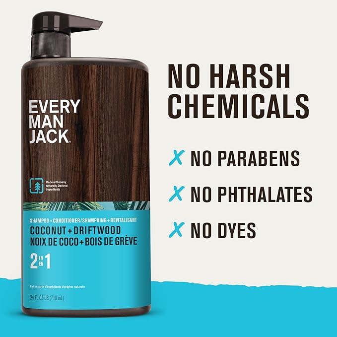 Every Man Jack Men's Shampoo & Conditioner 2-in-1, Coconut Driftwood, 24 oz