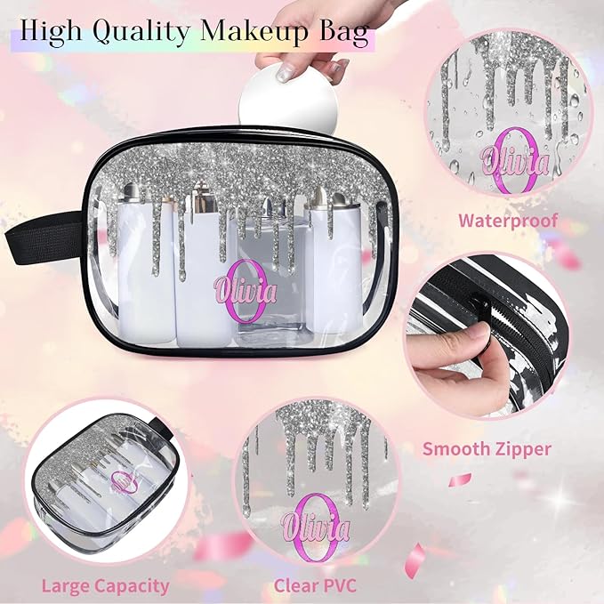KFNHN Custom Name Makeup Bag Travel Bag, Clear Toiletry Bag Travel Large Capacity Cosmetic Container Organizer for Shampoo, Shiny Stars Water Fluid Shape Silver Glittering