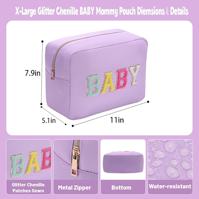 YogoRun Large Toiletry Bag Glitter Chenille Make Up Bag for Traveling Makeup Travel Organizer for Women Nylon Cosmetic Pouch with Zipper Pocket (XL,Purple-Baby)