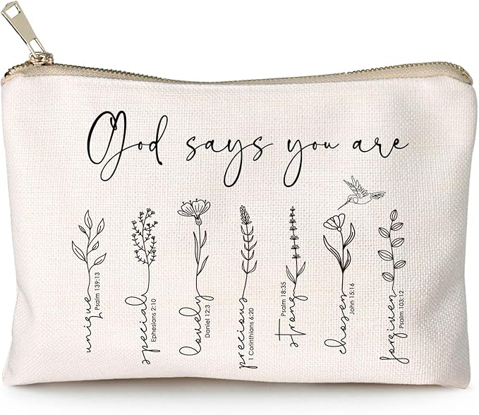 HubbgDesign God Says You Are Makeup Bag, Christian Bible Verse Cosmetic Pouch for Women, Inspirational Floral Toiletry Bag, Positive Affirmation Gift for Her, Travel Makeup Case (God says you are...)