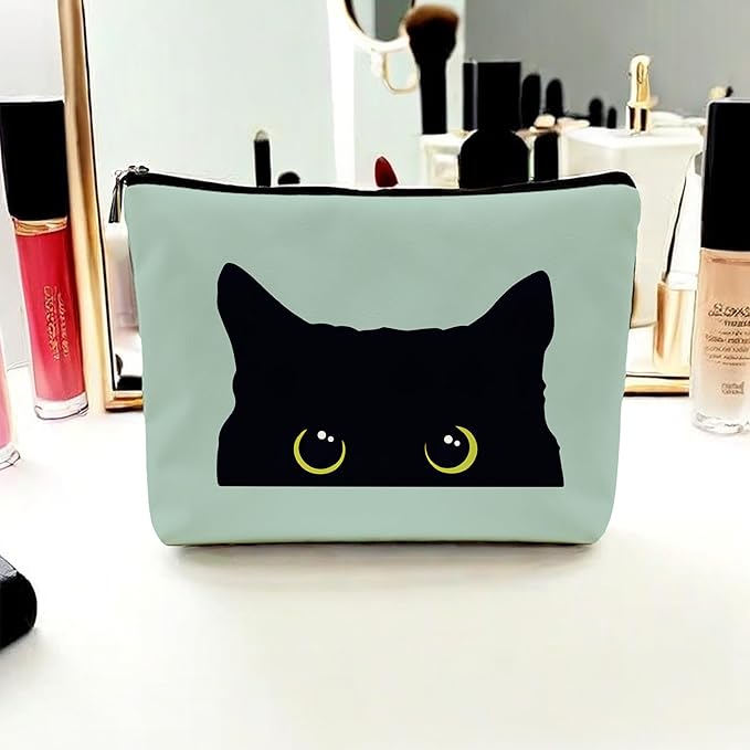 NEGIGA Black Cat Makeup Bag – Cute Cosmetic Pouch Travel Toiletry Bag, Zipper Organizer for Women Girls, Multifunction Cat Lover Gift Purse (Greener Pu Leather)