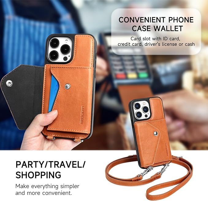 LUCKYCOIN Crossbody Phone Case for iPhone 15 Pro,100% Genuine Leather Phone Wallet Case for Women, Premium Hands-Free Phone Purse with Expandable Flip Card Holder & Adjustable Strap - Retro Brown