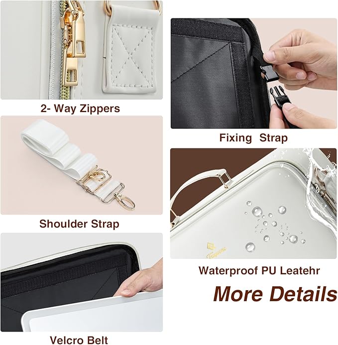 Faquenc Large Makeup Bag with LED Mirror,15”Cosmetic Train Case for Makeup Artists,Travel Makeup Organizer Case w Divider Rechargeable Vanity Mirror with 3 Color Lights for Barber,MUA,Nail Tech, Beige