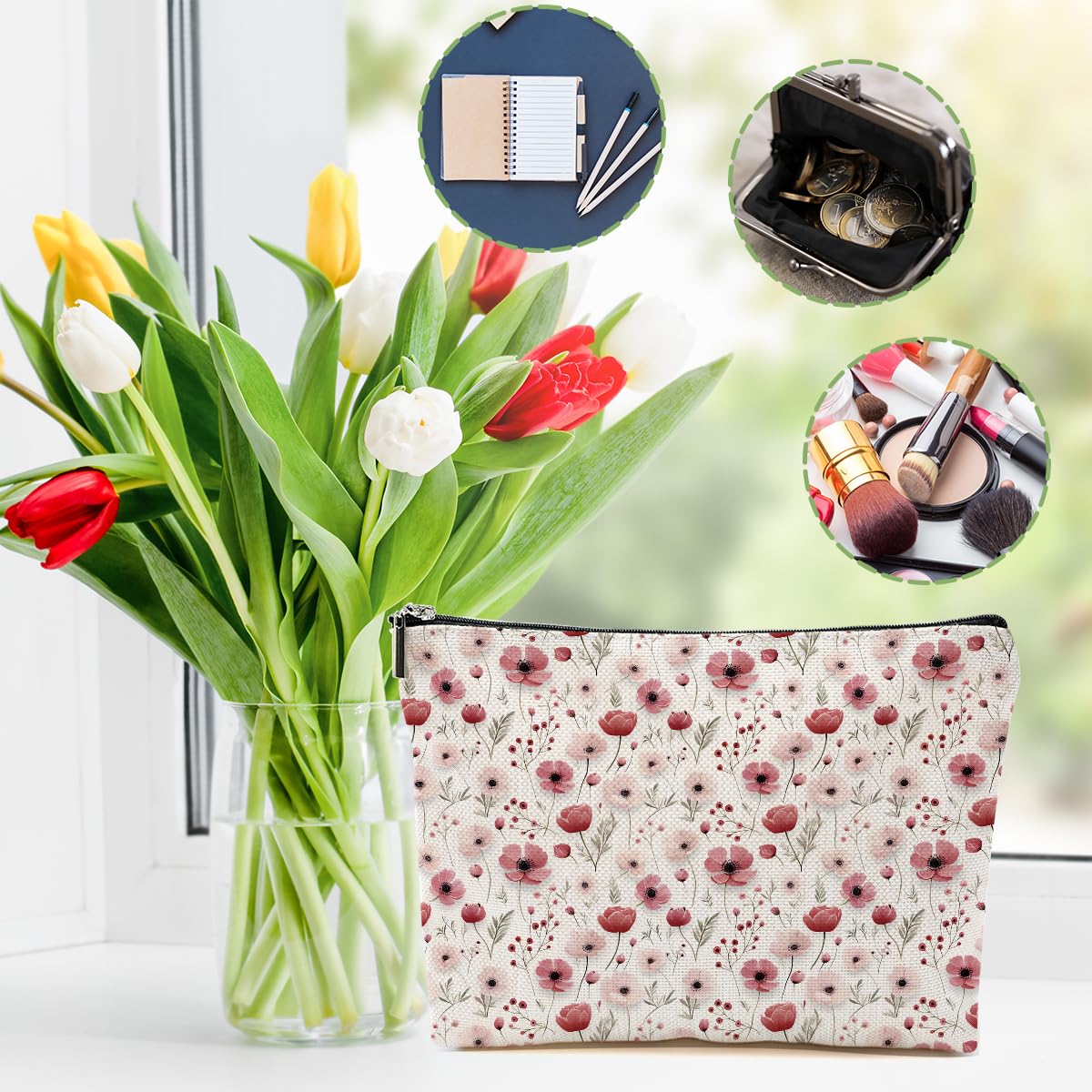 DHKG 4 Packs Watercolor Pink Yellow Flowers Makeup Bag Floral Cosmetic Bag Friend Friendship Gifts for Women Girls Bestie Botanical Travel Organizer Zipper Pouch Christmas Thanksgiving Birthday Gifts