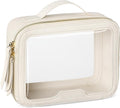 PACKISM Medium Clear Makeup Bag - PU Leather Clear Travel Bags for Toiletries Car Bag for Essentials, with Message Card Cosmetic Bags Makeup Case for Women Gift (Cream Medium)