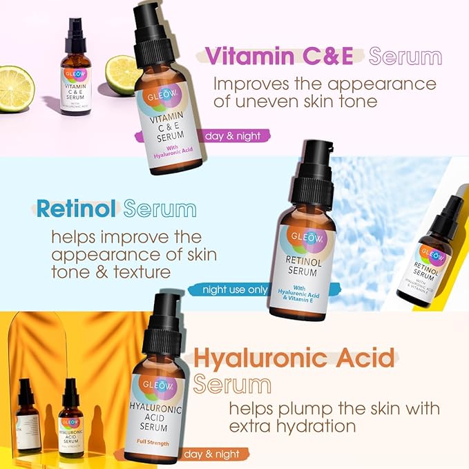 GLEOW Skincare Set: Retinol, Vitamin C, and 99% Hyaluronic Acid Serum, Face Serum Set Targets Appearance of Uneven Skin and Dryness, Total Package Serum Set 3x2 oz