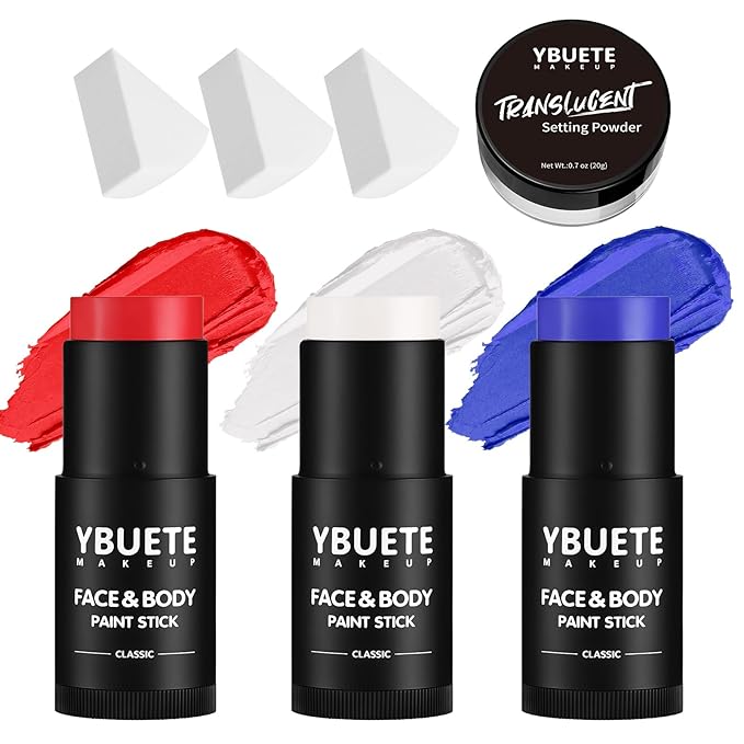 YBUETE Red White Blue Face Body Paint Stick Set for Halloween Cosplay SFX