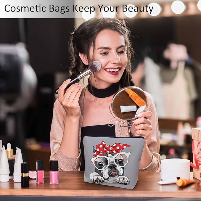 Kalygon Makeup Bag French Bulldog Makeup Bags For Purse Pouch, Cute Puppy Bulldog Glasses Travel Toiletry Bag Cosmetic Bag Makeup Bags Flax Makeup Organizer Bag Pencil Pouch For Man Woman, Gray