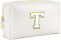 URSKYTOUS Gifts for Girls Initial Makeup Bag Personalized Cosmetic Bag with Zipper Cute Travel Toiletry Bags Waterproof PU Preppy Makeup Pouch Birthday Gift for Teen Girls Women(White T)