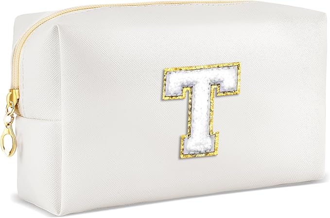 URSKYTOUS Gifts for Girls Initial Makeup Bag Personalized Cosmetic Bag with Zipper Cute Travel Toiletry Bags Waterproof PU Preppy Makeup Pouch Birthday Gift for Teen Girls Women(White T)