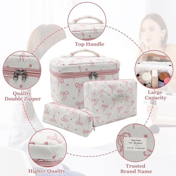 Gosect Quilted Makeup Bag Set, 3pc Large Floral Cosmetic Bag for Women, Cute Cotton Makeup Bags, Flower Travel Toiletry Organizer Bag (White Pink Small Bow)
