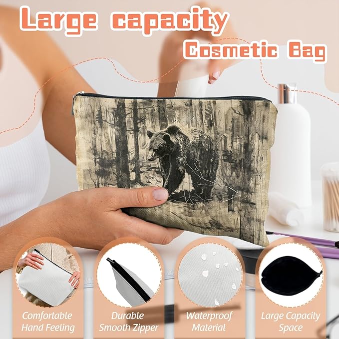Scribesense Makeup Bag Travel Cosmetic Bags Small Makeup Case Waterproof Zipper Pouch for Women Girls 7X9inches - Brown Bear Roaming Through A Textured Forest