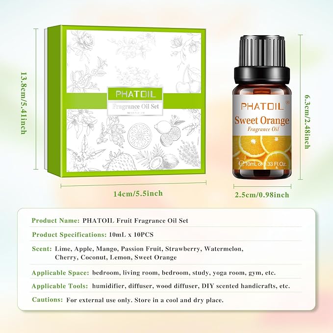 PHATOIL Fragrance Oil Set 10 Oils for Home Diffuser, Aromatherapy 0.34fl.oz