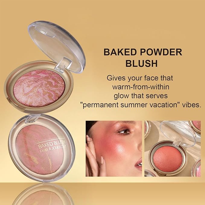 Baked Blush, Marbleized Blush for Cheeks, Shimmery Satin Finish Powder Palette, Buildable Color Natural Face Makeup