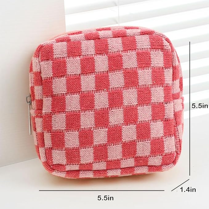 FFpaw Small Pink Makeup Bag for Purse, Mini Checkered Cosmetic Bag Zipper Cute Make Up Pouch Travel Toiletry Case Quilted Aesthetic Accessories Makeup Storage Bag Organizer for Women Girls