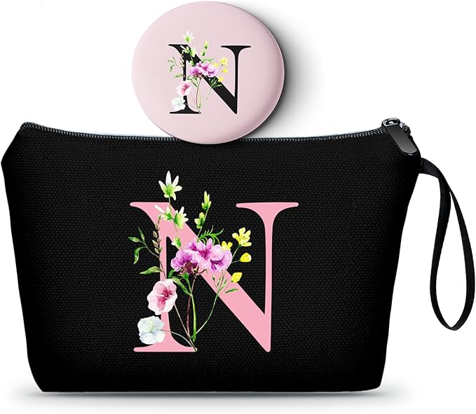 SEAMOON A-Z Personalized Gifts for Women, Small Makeup Bag with Mirror, N