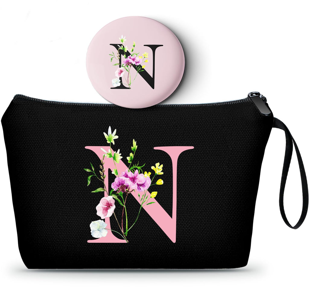 SEAMOON A-Z Personalized Gifts for Women, Small Makeup Bag with Mirror, N