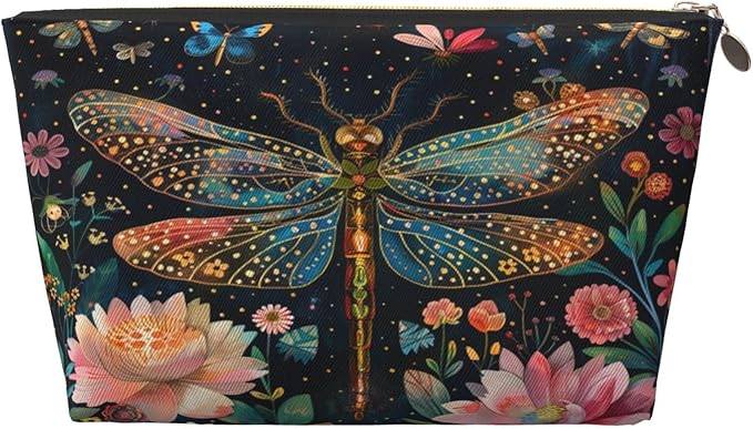 Dultua Mothers Day Gifts Makeup Bag Purse Cosmetic Bag Travel Toiletry Leather Make Up Bags for Mom Wife Women Daughter Floral Dragonfly