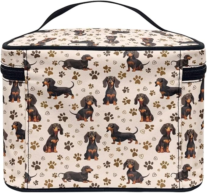 Drydeepin Dachshund Dog & Paws Print Travel Makeup Bags for Women Portable Tote Cosmetic Case with Carry Handle Toiletry Accessories Storage Organizer Bags, Beige
