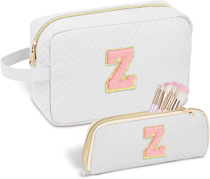 Personalized Initial Makeup Bag Trendy Stuff Leather Waterproof Cosmetic Bag Travel Toiletry Bag, Makeup Organizer Case Mother's Day/Birthday/Graduation Gifts for Women Girls Mom Girlfriend White.