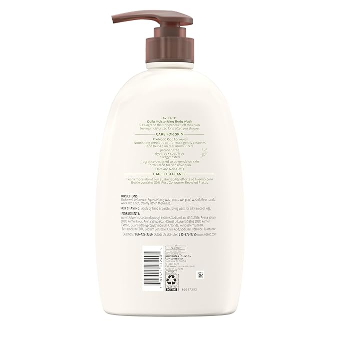 Aveeno Daily Moisturizing Body Wash for Normal to Dry Skin, Sensitive Formula with Prebiotic Oat, Gently Cleanses Dry Skin, Lightly Scented Body Wash for Women and Men, Value Size 33 fl. Oz