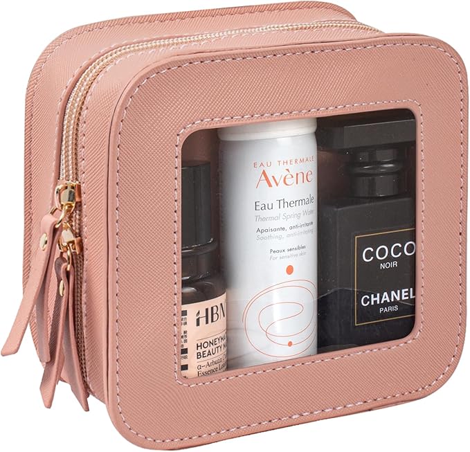 LETGO Mini Clear Makeup Bag Travel Cosmetic Case Transparent Toiletry Bag with Zipper, Portable Make Up Organizer Traveling Compact Pink Car Essentials for Girls(Pink, Mini)
