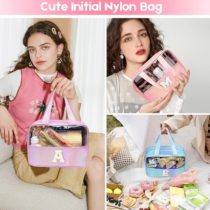 Personalized Initial A Clear Purple Makeup Bag - Large Travel Toiletry Bag, Cute Cosmetic Organizer Set for Girlfriend, Teacher, Teen Girl Gifts