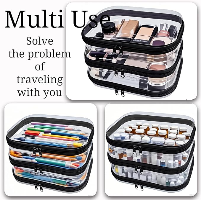 YOQIVEXU 3 Piece Clear Hard Shell Zipper Case, Hard Plastic Clear Makeup Bag, TSA Approved Anti-Crush Toiletry Cosmetic Organizer Pouches for Travel & Daily