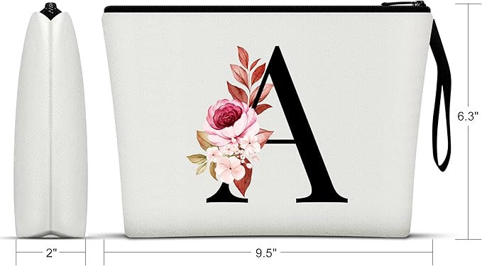 Vavabox A-Z Personalized Makeup Bag, Birthday Gifts for Women Mom, Gifts for Best Friend, Bride Bridesmaid Cosmetic bag (A, 01-White)