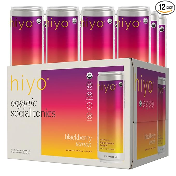 Hiyo Organic Social Tonic – Blackberry Lemon, 12 Pack - Non-Alcoholic Functional Seltzer, Flavored Sparkling Water Crafted with Organic Adaptogens, Nootropics & Botanicals