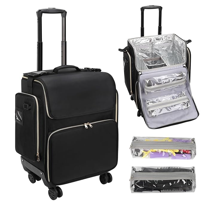Large Makeup Train Case for Hairstylists & Hairdressers - Cosmetic Organizer with Detachable Pouch, Heat-Insulated & Anti-Scald Full Layer, Hairdressing Tool Storage Trolley with 4 360 Swivel Wheels