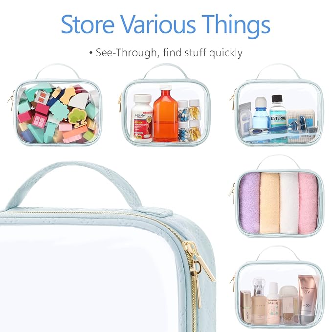 PACKISM Clear Makeup Bag - TSA Approved Toiletry Bag, 3 Blue Pink Yellow