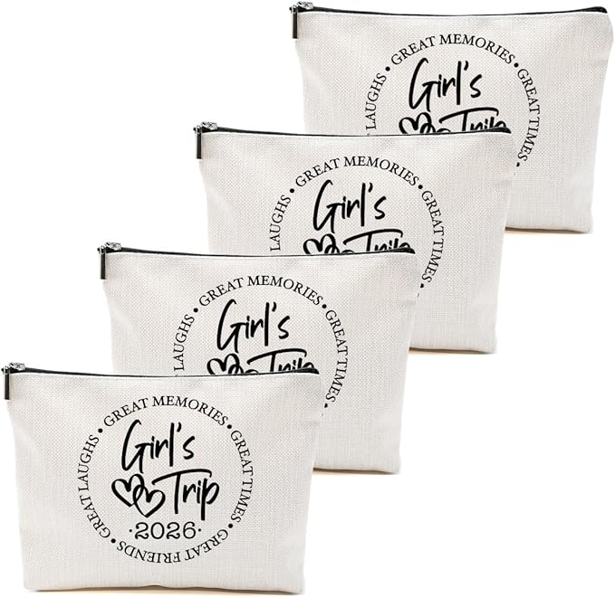 BQXH 4 Pcs Girls Trip Gifts Favors, Girls Weekend Gifts Makeup Bag, Bestie Weekend Bag Toiletry Bag with Liner, Vacation Cosmetic Bag, Friendship Gift for Women Friend Daughter, Graduation Gift