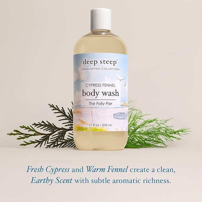 Deep Steep Cypress Fennel Body Wash, Hydrating Shower Gel with Hyaluronic Acid & Shea Butter for Sensitive Skin, Bodywash for Women & Men, 17 Fl Oz, 1-Pack