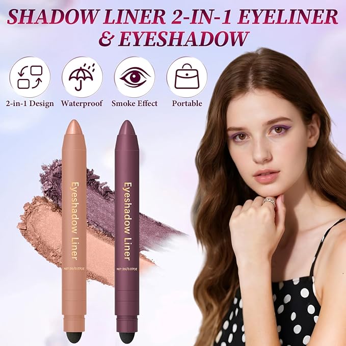 HONGYUNDA Shadow Liner, 2-in-1 Eyeliner & Eyeshadow, Waterproof Eye Shadow Crayon, Smooth, Easy to Color，Duo Eyeshadow Stick for Effortless Smoky or Natural Eye Makeup(Purple + champagne gold