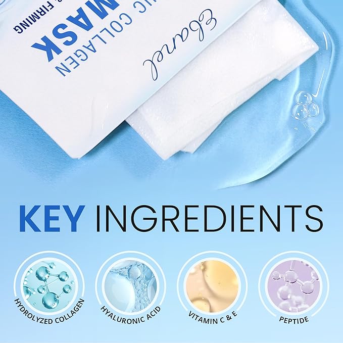 Ebanel 10-Pack Collagen Face Mask with Hyaluronic Acid, Vitamin C, Peptide