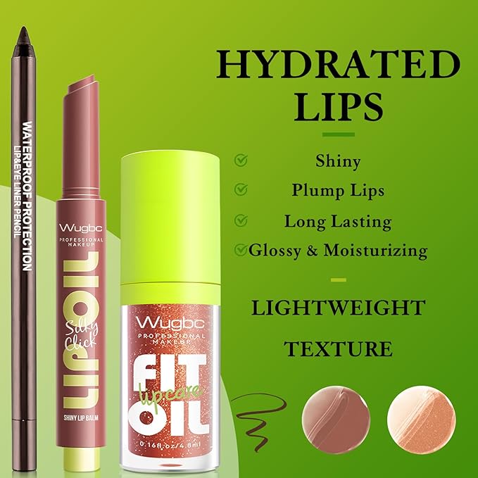 Wugbc Brown Lip Liner & Lip Gloss Set Moisturizing Lip Kit, Smooth Dark Brown Lip Liner Pencil Hydrating Lip Tint Non Sticky Click Lip Balm Lightweight Long Lasting Daily Lip Care for Women
