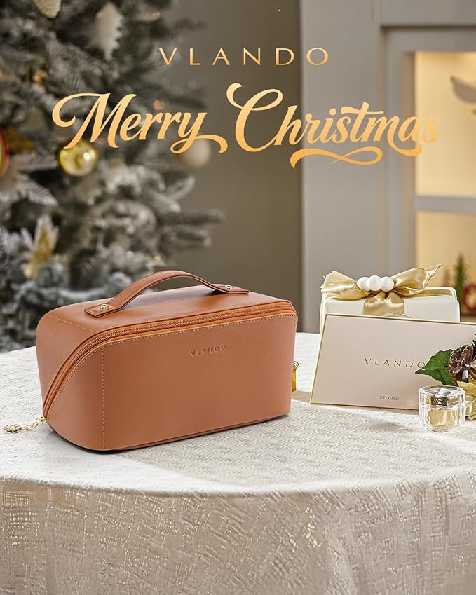 VLANDO Makeup Bag for Women with Open Flat Layout,Zipped TPU Pocket,Brown