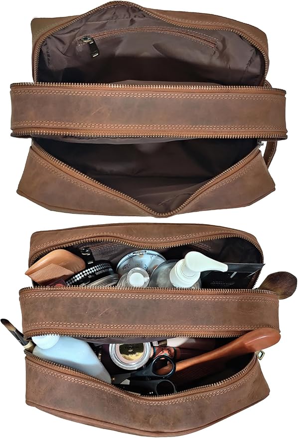 Leather Travel Toiletry Bag for Men, Full Grain Cosmetic Dopp Kit Organizer