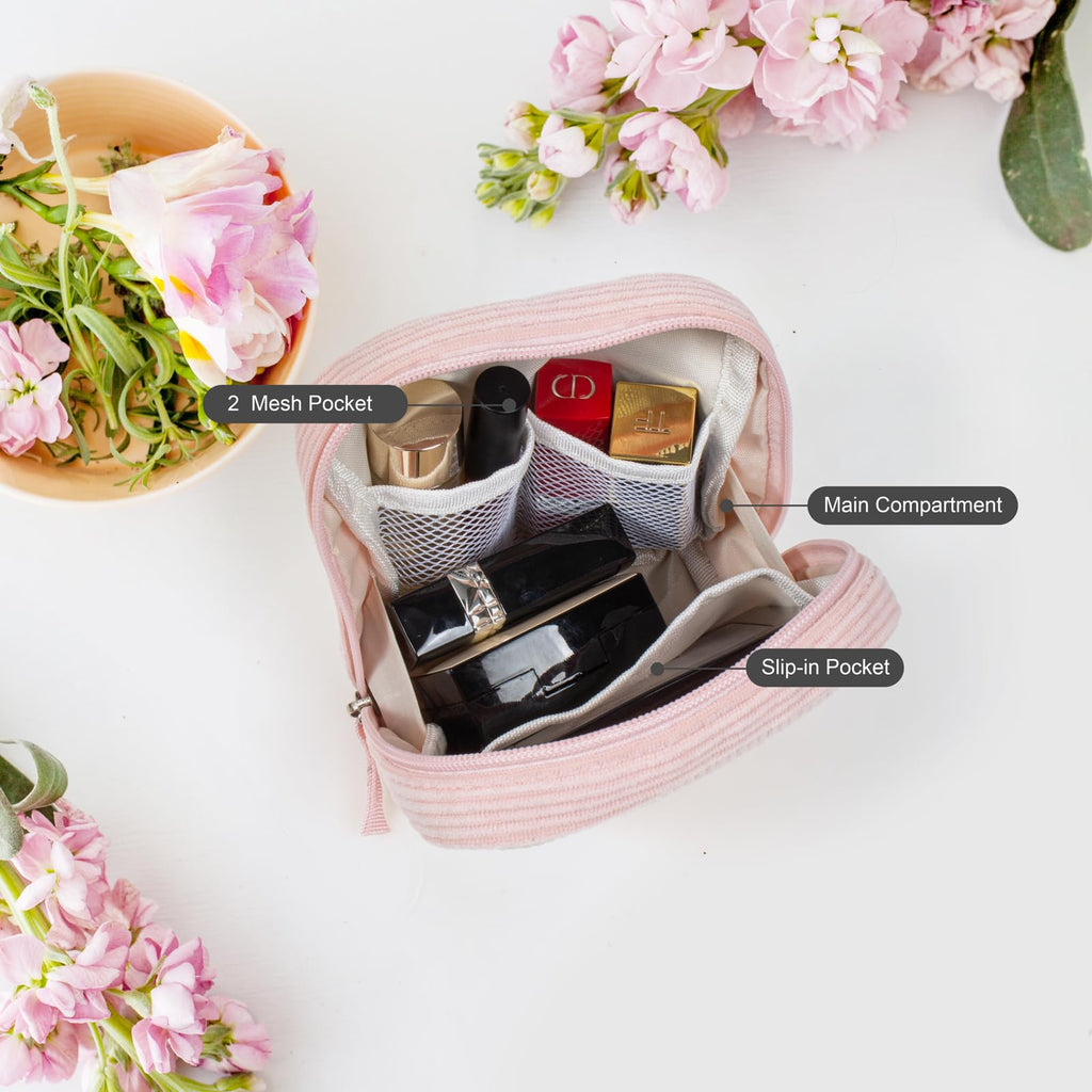 Cute Monogram Initial Makeup Bag - Pink Cosmetic Pouch Make Up Case, Friendship, Birthday Gifts(Letter T, Pink)
