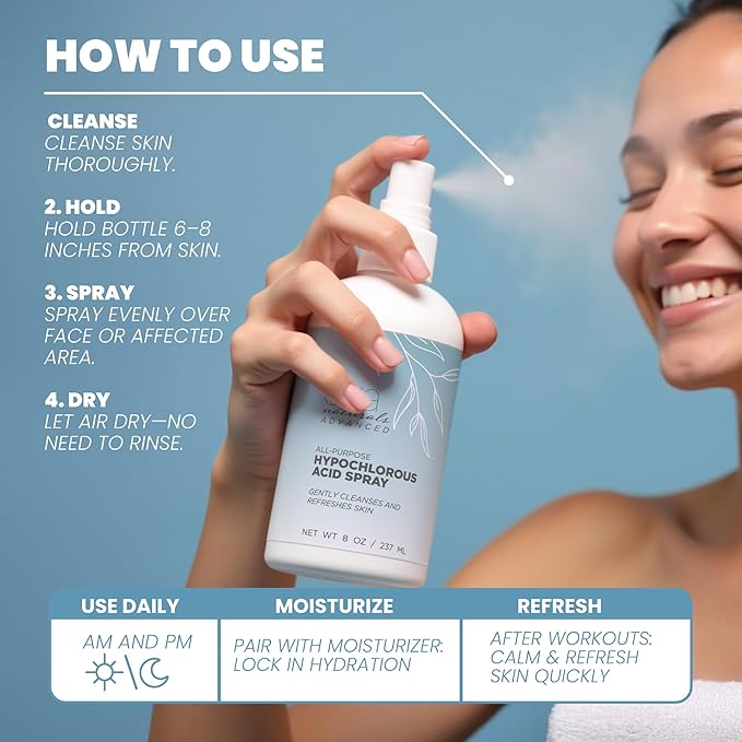 Eva Naturals Hypochlorous Acid Spray for Face & Body, HOCl Facial Mist & Skin Cleanser, Soothing Daily Spray for Redness, Irritation & Sensitive Skin, All Skin Types, 8 oz