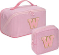 2026 Graduation Gifts - Travel Makeup Bag for Women, 2Pcs Portable Personalized Initial Makeup Organizer Bag, Open Flat Large Cosmetic Bag With Travel Essential Pouch (Pink Letter W)