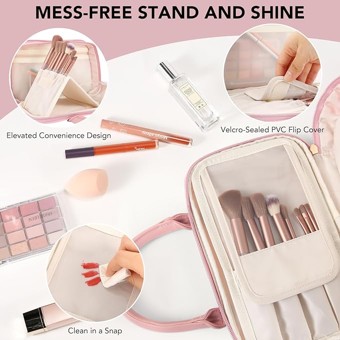 HauteHues Travel Makeup Bag for Women Stand Up Cosmetic Toiletry Case, Pink