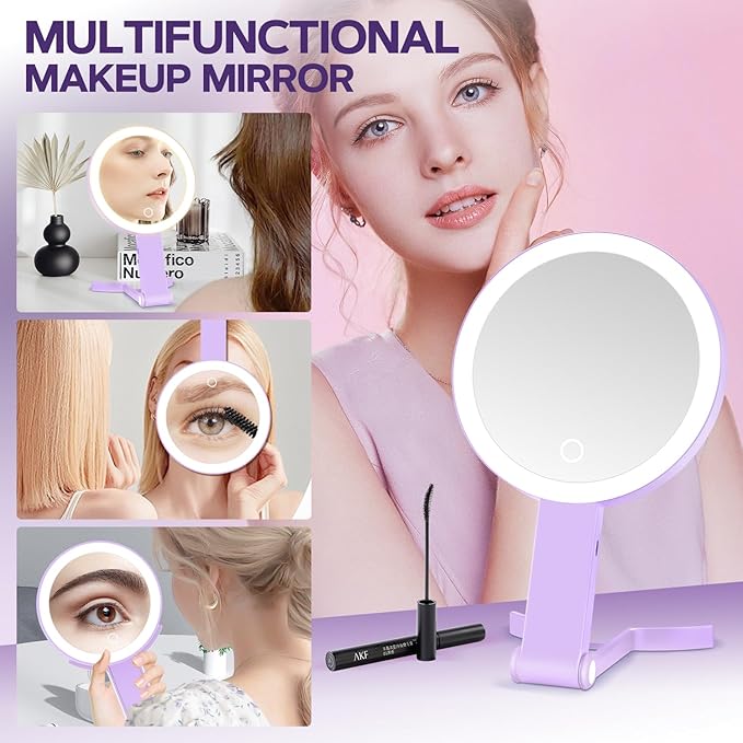 MIYADIVA Lighted Makeup Mirror, 30X Magnifying Mirror with Light, Hanging and Handheld Mirror with Handle, Purple
