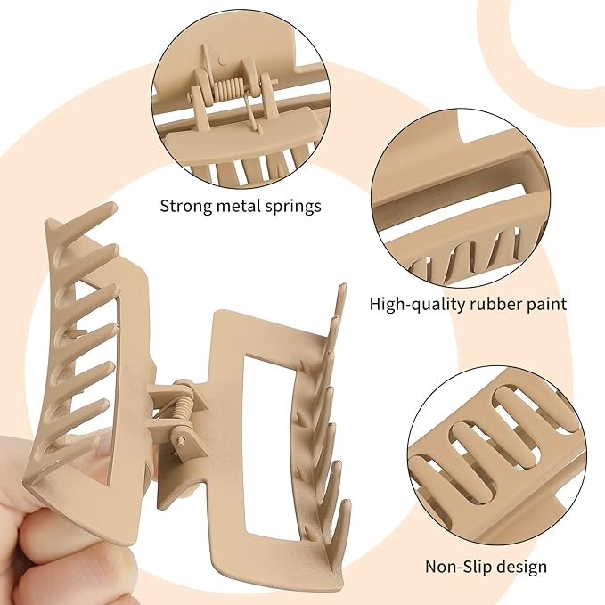 Sisiaipu 4 Inch Big Hair Claw Clips 6 Pcs Large Claw for Thick Hair Square Hair Clips for Women Rectangle Hair Clips Nonslip Acrylic Banana Jaw Clips Hair Accessories for Girls (Brown)