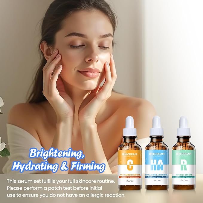Hicream Face Serum Set - Vitamin C Serum, Hyaluronic Acid & Retinol with Hydrating, Brightening & Firming Skin, Anti-aging Skin Care Set for Women, Targets Fine Lines & Dark Spots, 1 Fl Oz (Pack of 3)