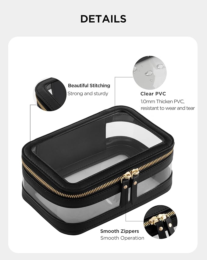 Vorey Medium Clear Makeup Bag for Women, Portable Travel Makeup Bag Organizer Waterproof Toiletry Bag Cute Makeup Bags Cosmetic Bag Makeup Pouch, Black