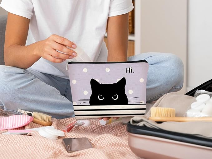 BARPERY Cat Makeup Bag - Small Cute Cosmetic Bag for Women & Girls, Black & Purple Polka Dot Cat Lady Gifts