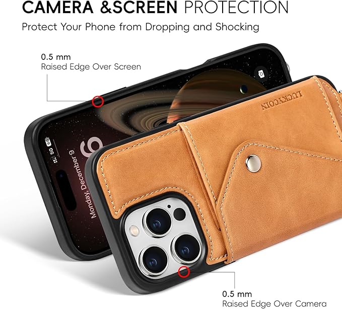 LUCKYCOIN Crossbody Phone Case for iPhone 16 Pro Max, 100% Genuine Leather Phone Wallet Case for Women, Premium Hands-Free Phone Purse with Expandable Flip Card Holder & Adjustable Strap - Retro Tan